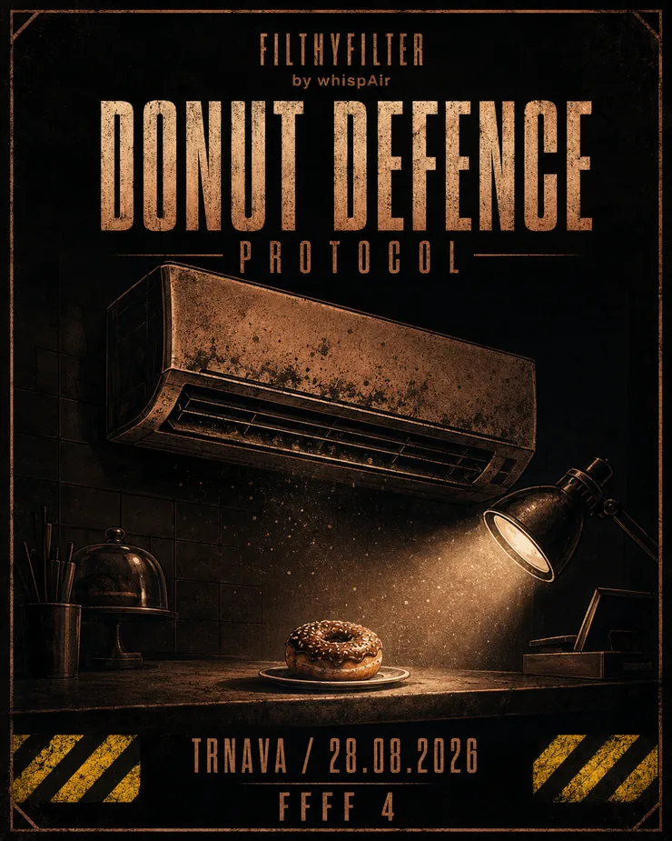 Ilustrovaný poster Donut Defence Protocol — Trnava, 28. 8. 2026, FFFF 4